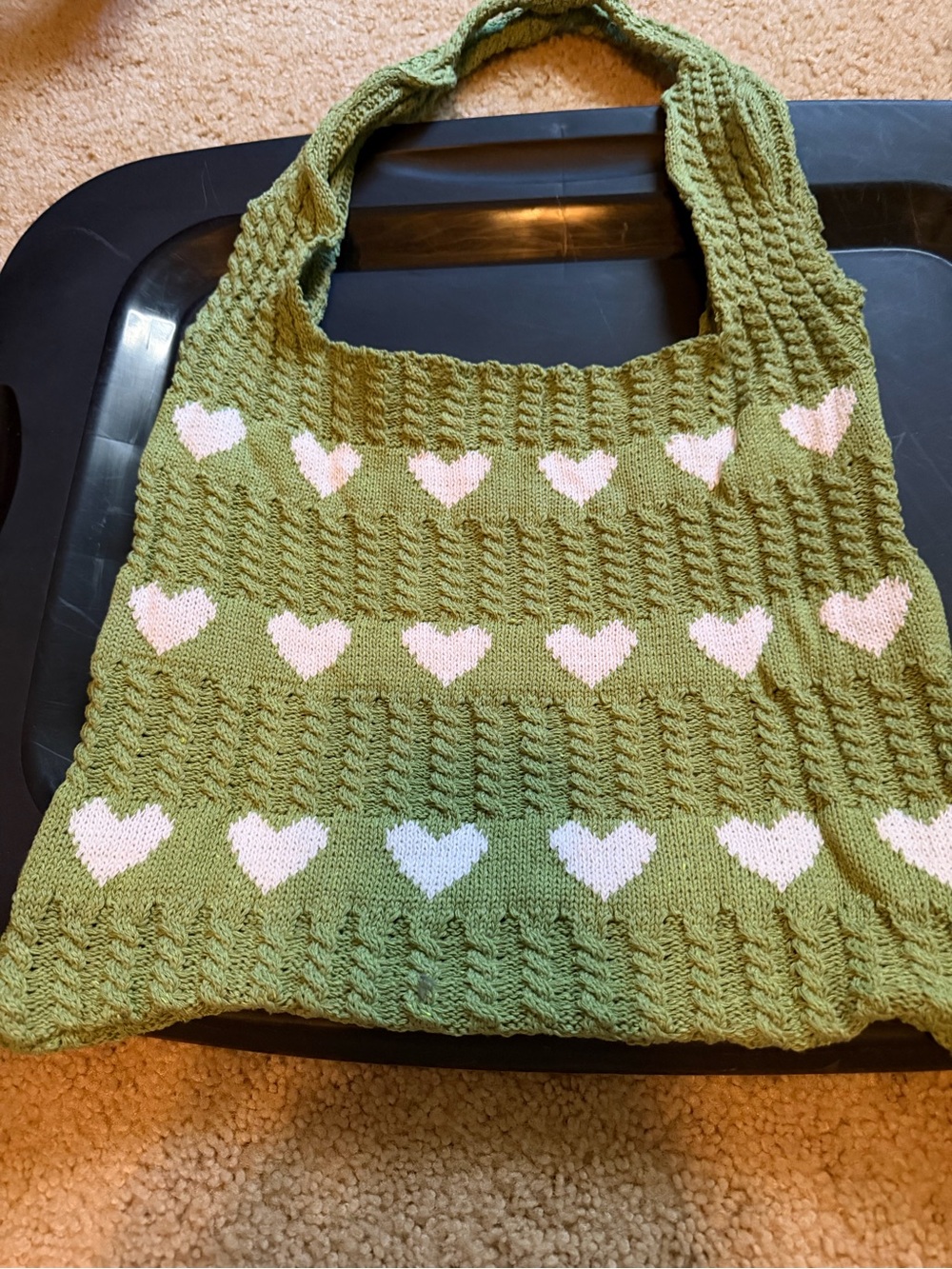 Green Knit Heart Pattern Shoulder Bag